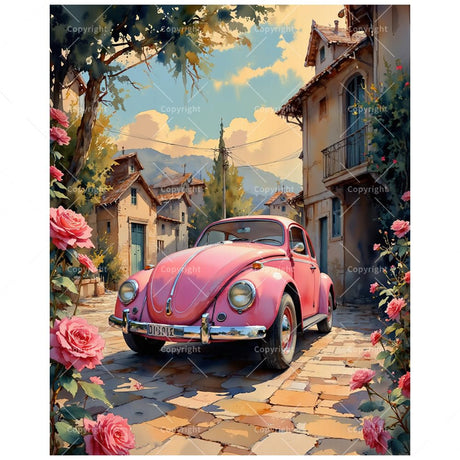 Vintage Car Paint by Numbers Kit for Adults – DIY Pink Retro Car in Street with Roses Painting on Canvas 16x20 Inches, Acrylic Paint Set, Suitable for Beginners, Art for Home Decoration or Gifts DecorFriday