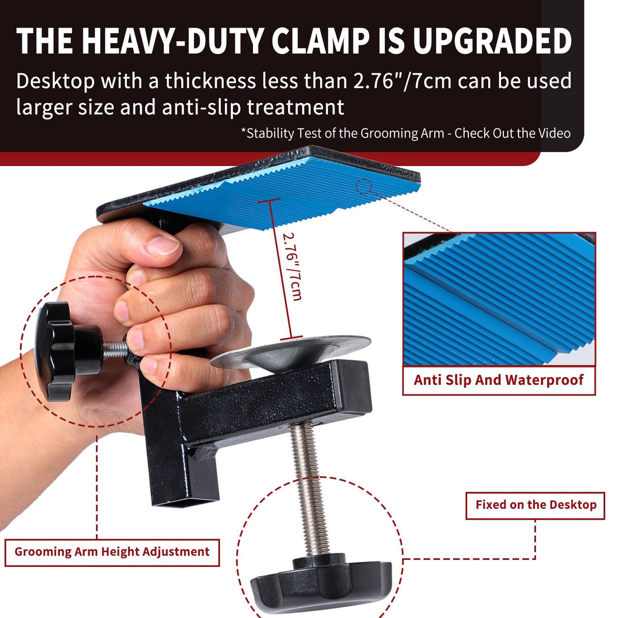 Dog Grooming Table Arm with Hammock - Adjustable Height, Pet Grooming Hammock, No Sit Haunch Holders, Loop Noose Heavy-Duty Clamp (Stainless Steel) Phenfor