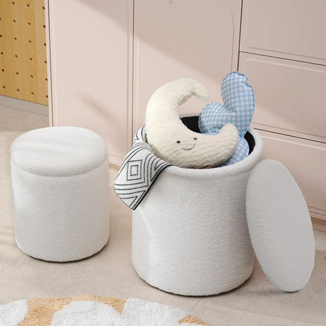 oakvivo Round Ottoman Foot Stool with Storage Set of 2, Storage Ottoman with Removable Lid, Soft Teddy Velvet Upholstered Footstool, Vanity Stool for Makeup, Foot Rest for Living Room, Bedroom, White oakvivo