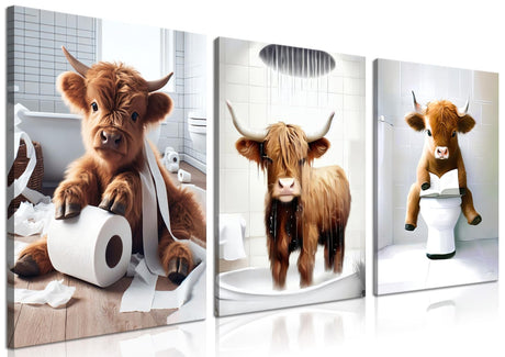 Funny Bathroom Highland Cow Wall Art, Brown Cute Cow Animal Canvas Posters Prints Set of 3, Vintage Rustic Farmhouse Home Pictures Wall Decor Painting for Bathroom Restroom Framed 12x16 Inch Tmvosn