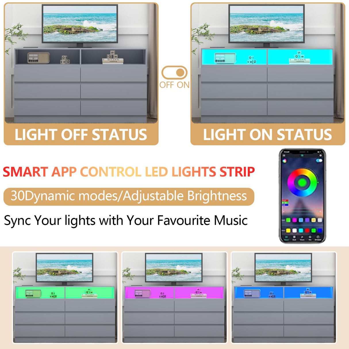 Gyfimoie 6 Drawers Dresser with Power Outlet, Accent Chests of Drawers with LED Light, Modern Storage Dresser for Bedroom, Living Room Gyfimoie