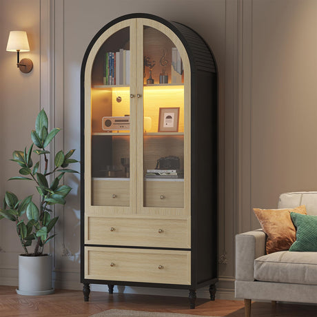 Semoic 73" Tall Arched Storage Cabinet - Modern Farmhouse Bookcase with 3 Large Drawers, Display Cabinet for Living Room, Dining Room, Kitchen Pantry, Brown & Black Semoic