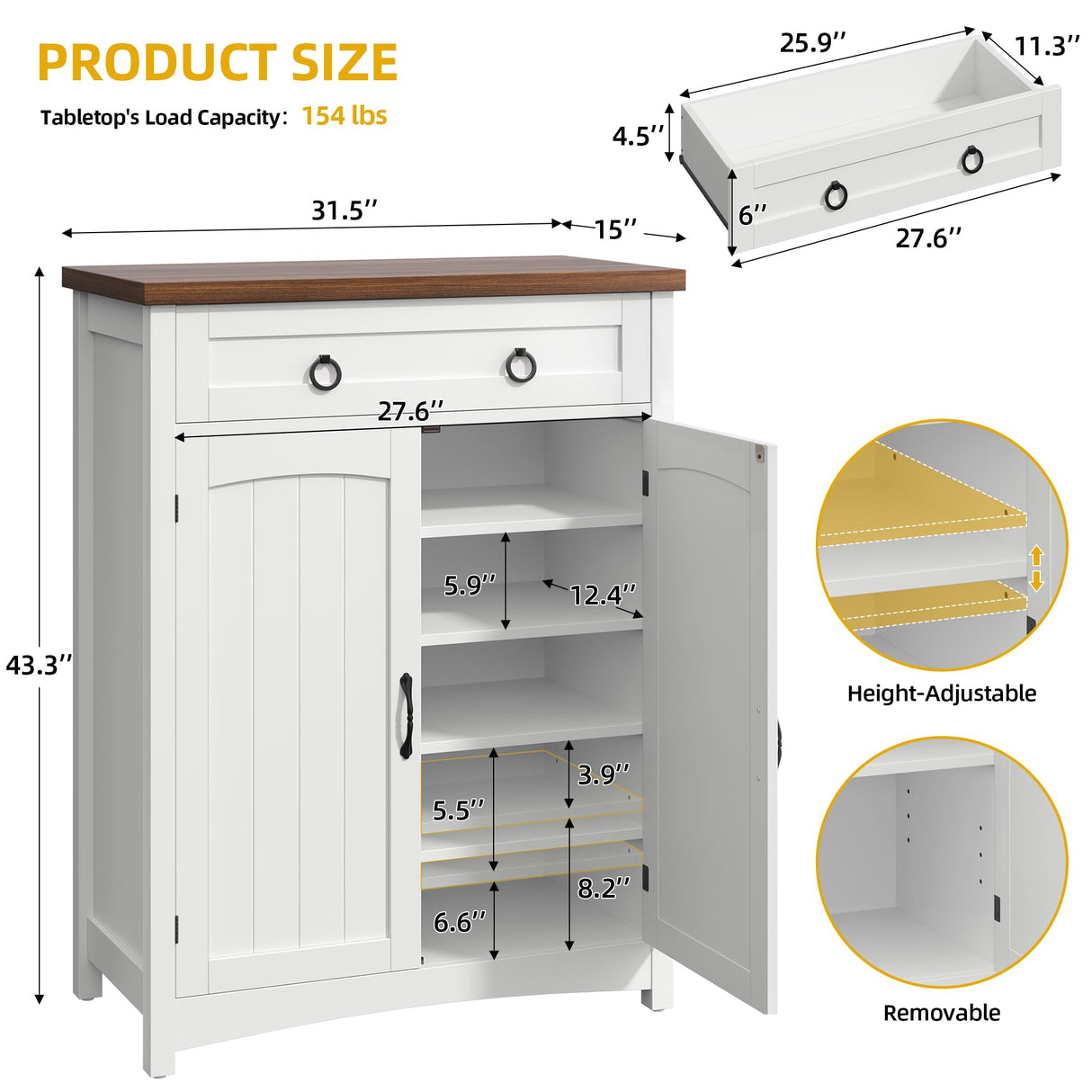 DWVO 5-Tier Shoe Storage Cabinet, Farmhouse Shoes Rack Cabinet with Adjustable Shelf, 43" Tall Shoe Organizer with Drawer & Doors for Entryway Hallway Living Room Closet (White) DWVO