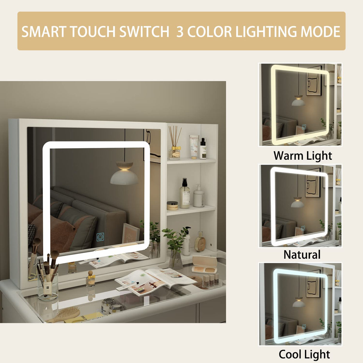 Homsee Vanity Desk Set Makeup Table with Large Sliding Lighted Mirror & Glass Top, Modern Dressing Table with Drawers, Storage Shelves & Stool for Bedroom, White Homsee