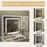 Homsee Vanity Desk Set Makeup Table with Large Sliding Lighted Mirror & Glass Top, Modern Dressing Table with Drawers, Storage Shelves & Stool for Bedroom, White Homsee