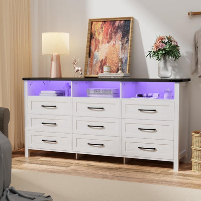 Anbuy White Dresser for Bedroom 12 Drawers with LED Lights, 63" Long Chest of Drawers with Large Drawers, Modern 9 Drawer Dresser with 3 Open Space for Bedroom, Living Room, Entryway,Hallway (White