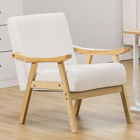 COMHOMA Mid Century Accent Chair, Modern Upholstered Living Room Chairs with Solid Wood Armrest, Comfy Reading Armchair for Bedroom, Sunroom, Balcony (Curved Armrests, White) COMHOMA