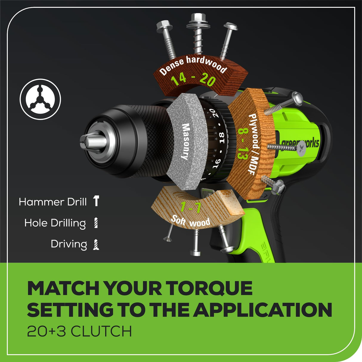 Greenworks 24V Brushless 1/2" Hammer Drill (530 in-lbs.) 2.0Ah Battery and Charger Included, DDG402 Greenworks