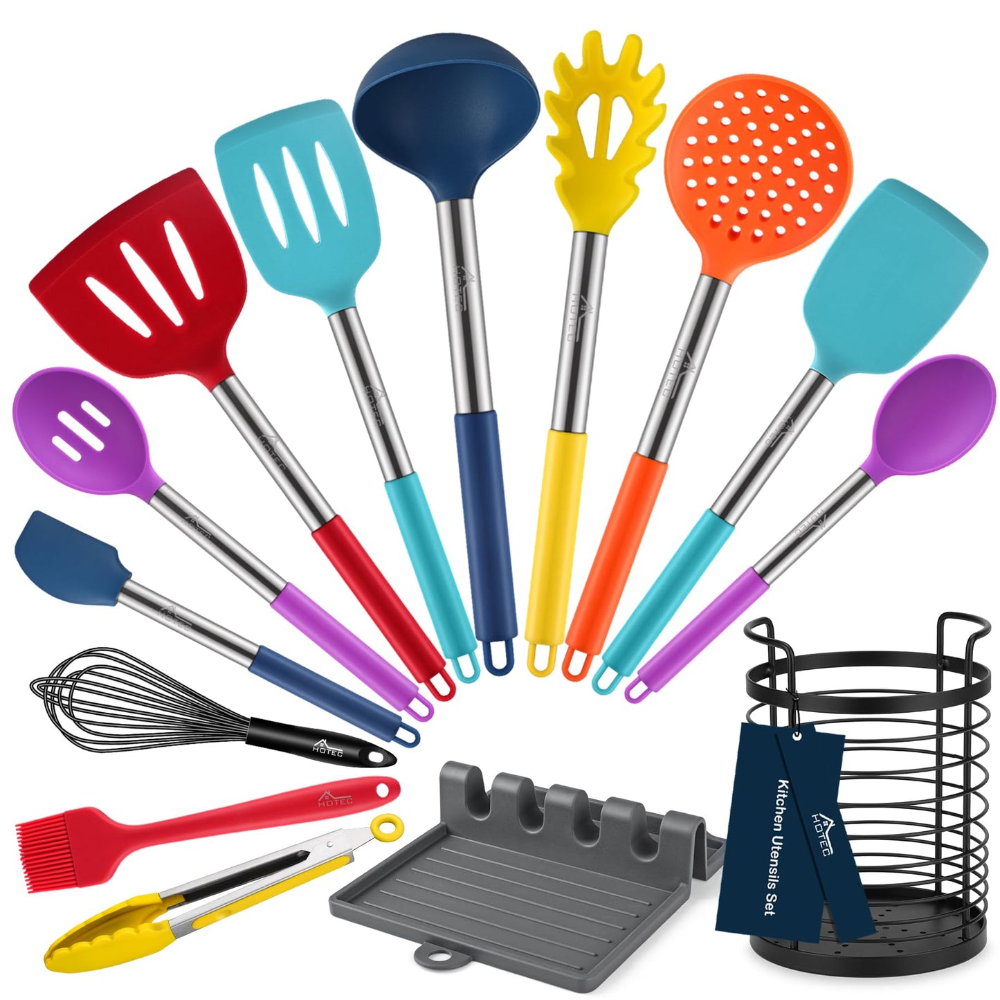 HOTEC Heat Resistant Silicone Kitchen Utensils, Cooking Utensil Set, Spatula Set, BPA Free, Kitchen Gadgets, Utensils Holder, Dishwasher Safe, 14pcs Multicolor