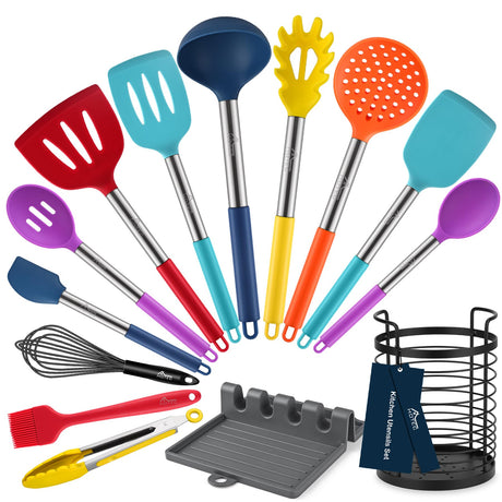 HOTEC Heat Resistant Silicone Kitchen Utensils, Cooking Utensil Set, Spatula Set, BPA Free, Kitchen Gadgets, Utensils Holder, Dishwasher Safe, 14pcs Multicolor HOTEC