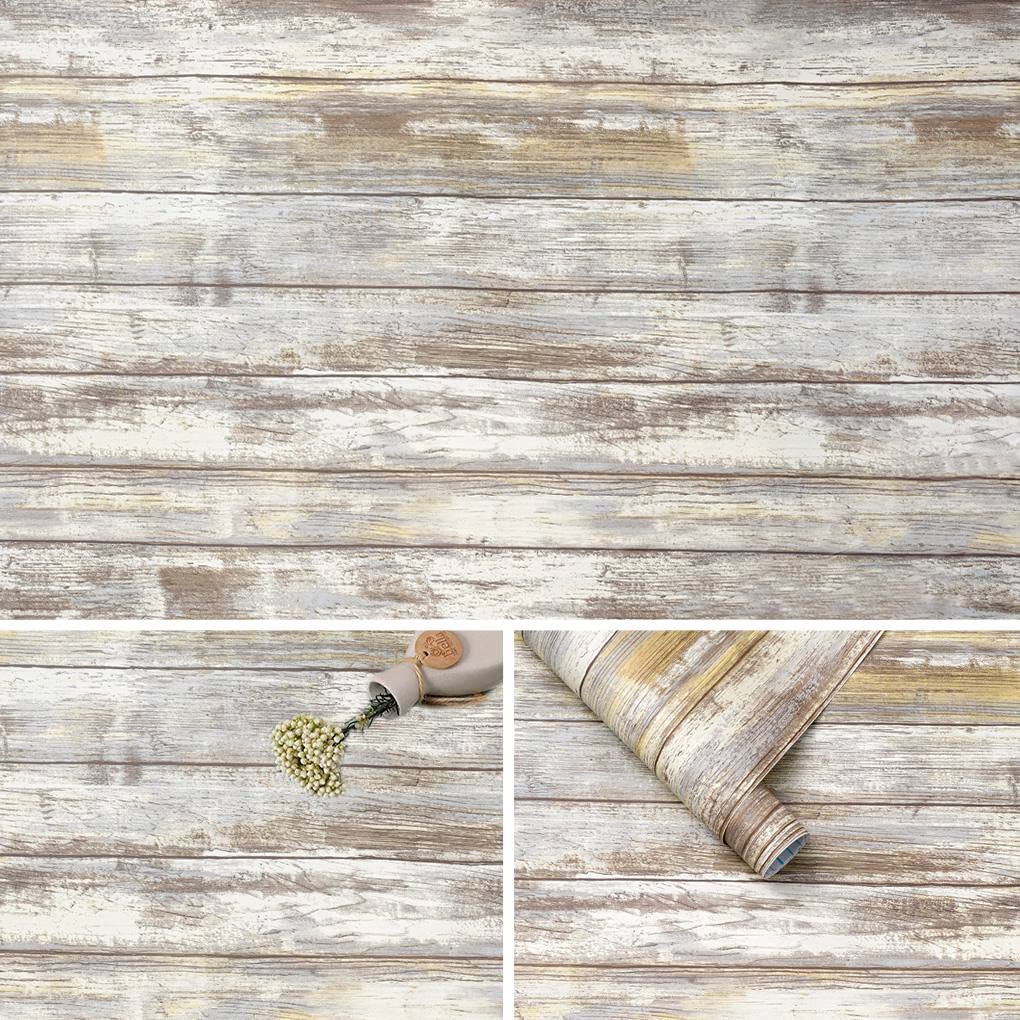 Arthome Distressed Wood Contact Paper 17''x120'' Self-Adhesive Removable Wood Peel and Stick Wallpaper Decorative Wood Plank Film Vintage Wall Covering for Furniture Easy to Clean Wooden Grain Paper