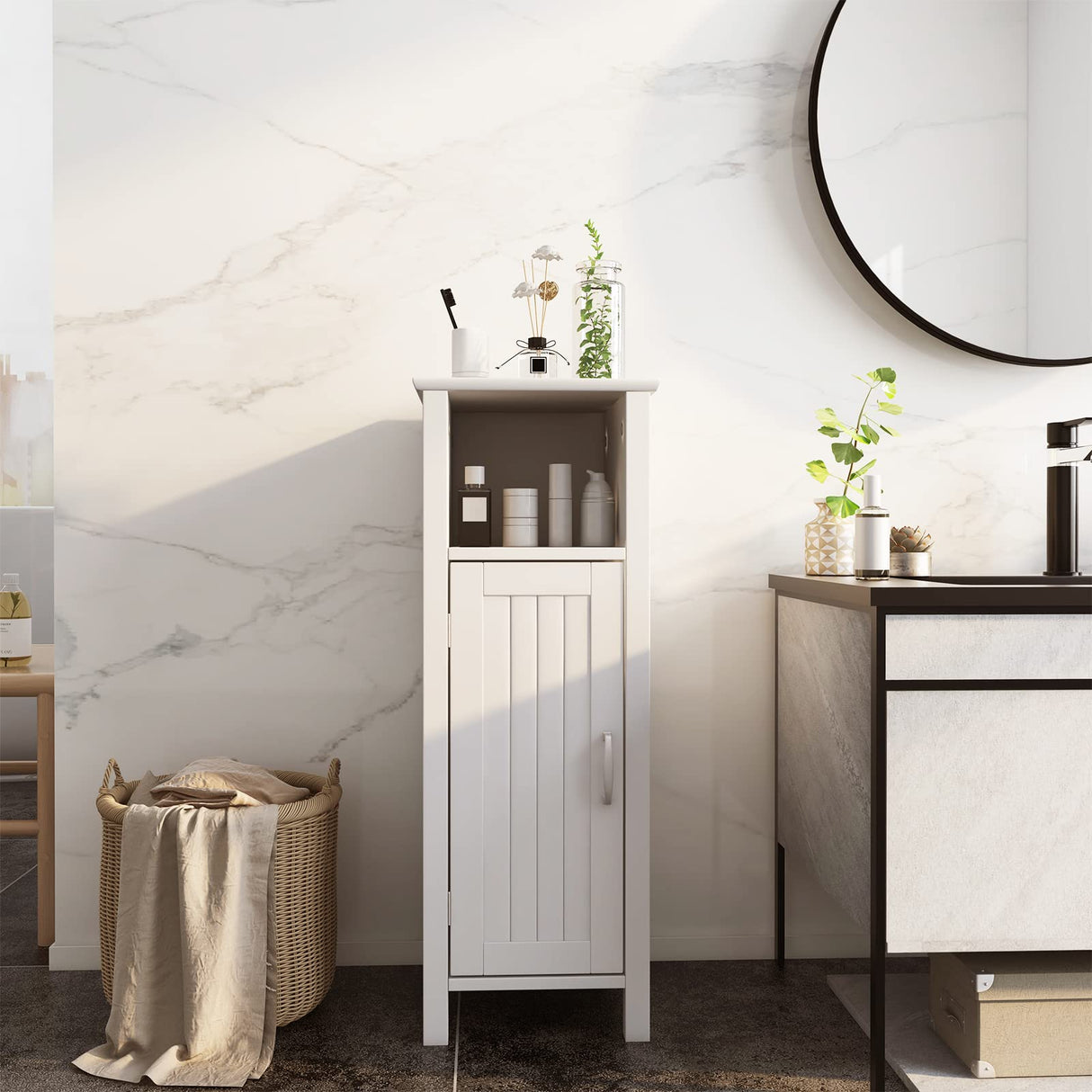 Tangkula Bathroom Floor Cabinet, Multifunctional Storage Cabinet, Anti-Tipping Device, 3-Height Adjustable Shelf, Wooden Freestanding Side Cabinet for Bathroom Home Office, 12 x 12 x 31.5 Inch Tangkula