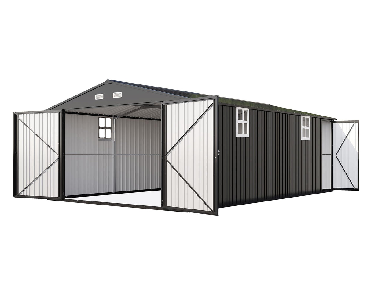AMERLIFE 13.2x21x8 FT Outdoor Storage Shed, Huge Metal Garage Shed with 2 Double Hinged 4 Windows and Doors, Carport for Car, Truck, Bike, Garbage Can and Lawnmower, Dark Grey AMERLIFE