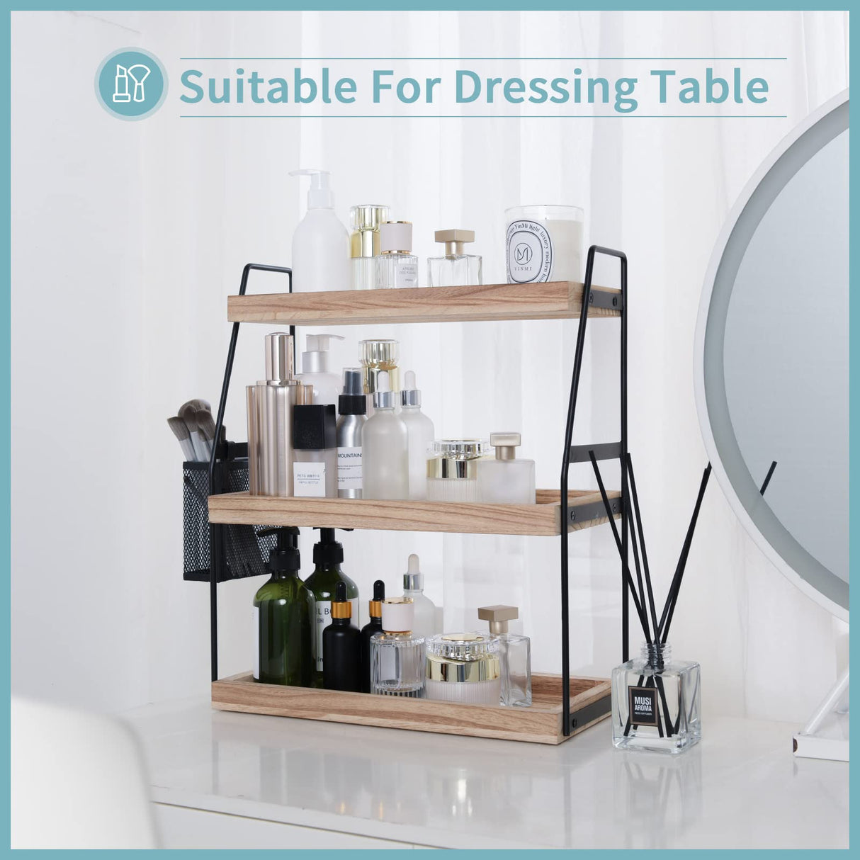Bathroom Counter Organizer, 3-Tier Standing Storage Shelf with Basket, Wood Tray for Skincare Vanity Organizer Uneviesyka
