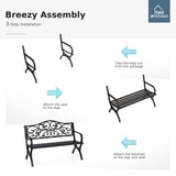 MFSTUDIO 50 Inches Outdoor Garden Bench, Cast Iron Metal Frame Patio Park Bench with Floral Pattern Backrest, Arch Legs for Porch Lawn Garden Yard(Black) MFSTUDIO