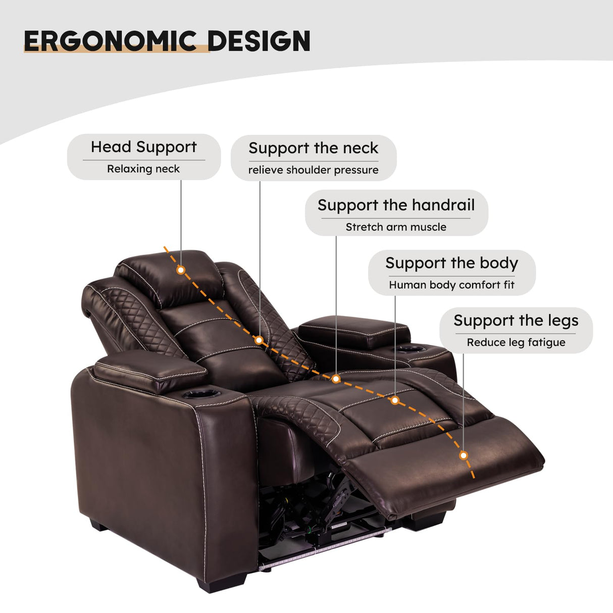 ANJ Power Home Theater Seating Recliner Chairs, PU Leather Recliner with Cup Holder, Electric Movie Theater Reclining Chairs with Adjustable Powered Headrest, LED Lights, Hidden Arm Storage (Brown) ANJ