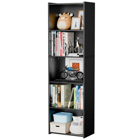 SUPER DEAL Wood Bookcase 5-Tier Open Shelf Narrow Tall Cube Bookshelf for Small Spaces Freestanding Display Storage Organizer for Kids Bedroom Home Office Apartment, 52 Inch Black SUPER DEAL