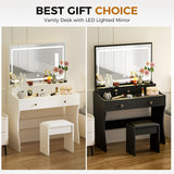 COMHOMA Makeup Vanity Desk with Mirror and Lights, Vanity Table and Chair Set with 5 Drawers and Charging Station, Bedroom Dresser LED Mirror Stepless Dimmable & 3 Color Modes Adjustable, Black COMHOMA
