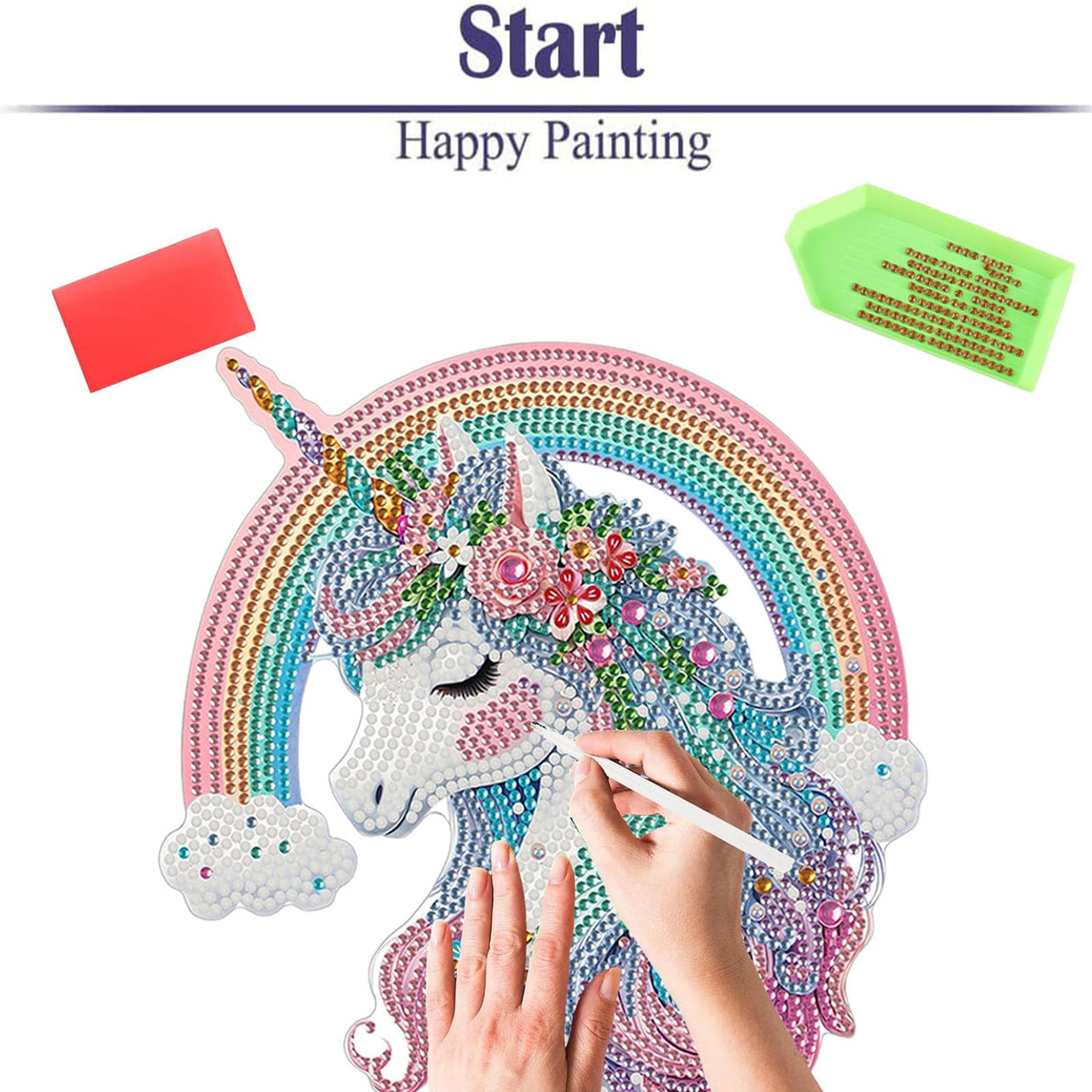 Diamond Painting Kits for Adults Beginners, 5D Full Drill Rainbow Pony Crystal Art Desktop Ornament, DIY Single Sided Home Office Desk Decor, Creative Craft Gift Set with Tools OFRKE