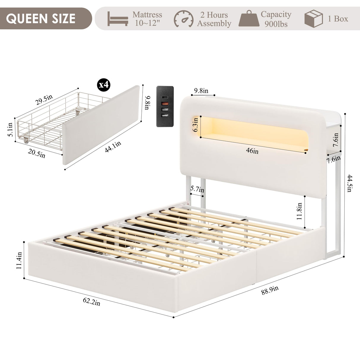 HOSTACK Queen LED Bed Frame with Storage Headboard and Charging Station, Kids Bed Frame with 4 Drawers and USB Ports, Velvet Upholstered Platform Bed Frame with Bookcase, No Box Spring Needed, Cream HOSTACK
