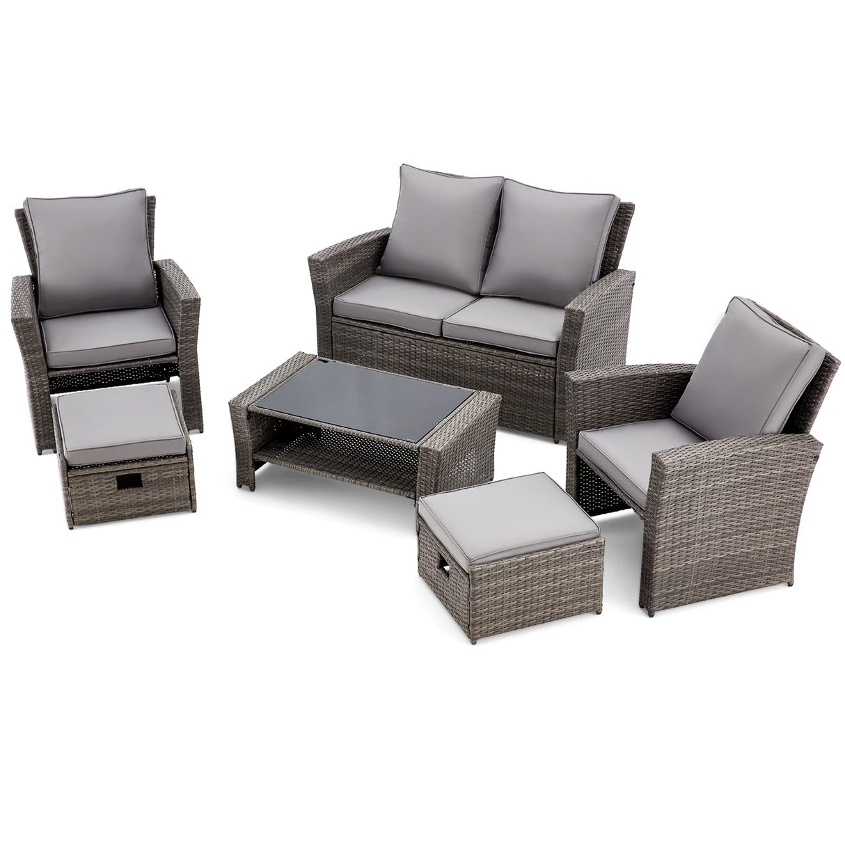 GYUTEI 6 Piece Patio Furniture Set, Outdoor Sectional Conversation Rattan Sofa Set with Ottoman and Outdoor Storage Table for Garden, Porch, Backyard (Dark Gray) GYUTEI