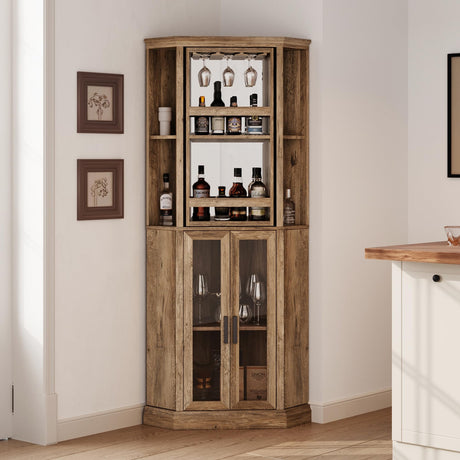 LINSY HOME Corner Bar Cabinet, 68.5" Tall Farmhouse Wine Cabinet with Rotating Liquor Shelves, Home Bar Cabinet with Barn Door & Adjustable Shelves for Dining Room, Living Room, Kitchen (Brown) LINSY HOME