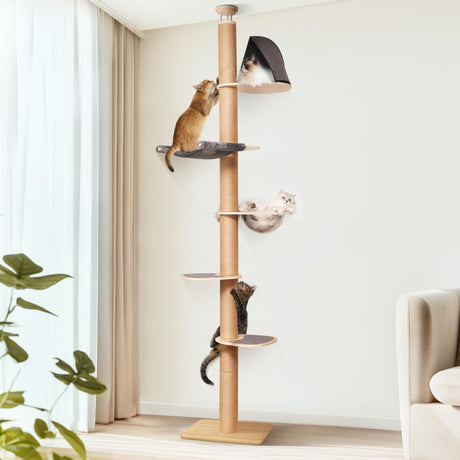 FUKUMARU Floor to Ceiling Cat Tree, 6 Level Adjustable Height (5.7-9.8 ft) Climbing Tower with Thickened Scratching Posts, Cat Activity Center with Transparent Capsule and Cozy Hammock FUKUMARU