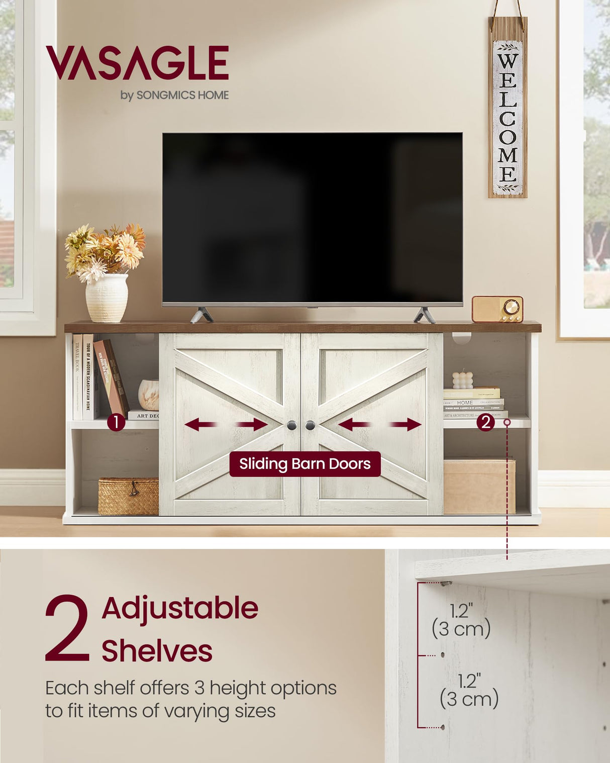 VASAGLE Farmhouse TV Stand for TVs up to 65 Inches, Entertainment Center with Storage Cabinets and Sliding Barn Doors, Media Console Table for Living Room, Rustic White and Honey Brown ULTV535W01 VASAGLE