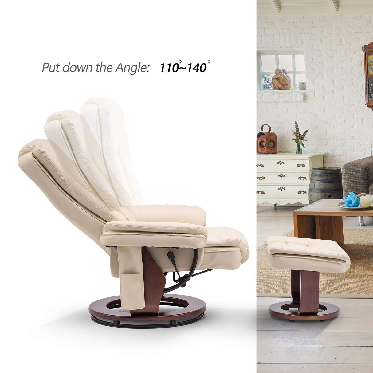 MCombo Swivel Recliner with Ottoman Chair, TV Chair Sets with Vibration Massage, for Small Space Living Room Bedroom 9096 9099 (Faux Leather, Cream White) MCombo