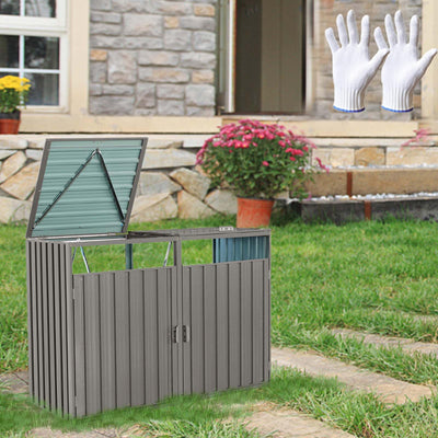 Outdoor Garbage Bin Storage Shed, Steel Trash Can Storage with Lockable Doors & Lids for 2 Trash Cans, Metal Garbage Can Hider for Outside Garden Yard Backyard Patio (2 Trash Can+Grey)