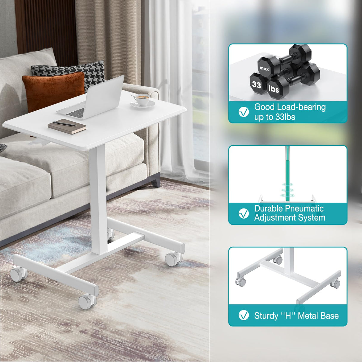 DUMOS Small Standing Desk Mobile Portable Rolling Laptop Desk on Wheels, Adjustable Height Table for Home Office, 19 Inch, Mroden White DUMOS