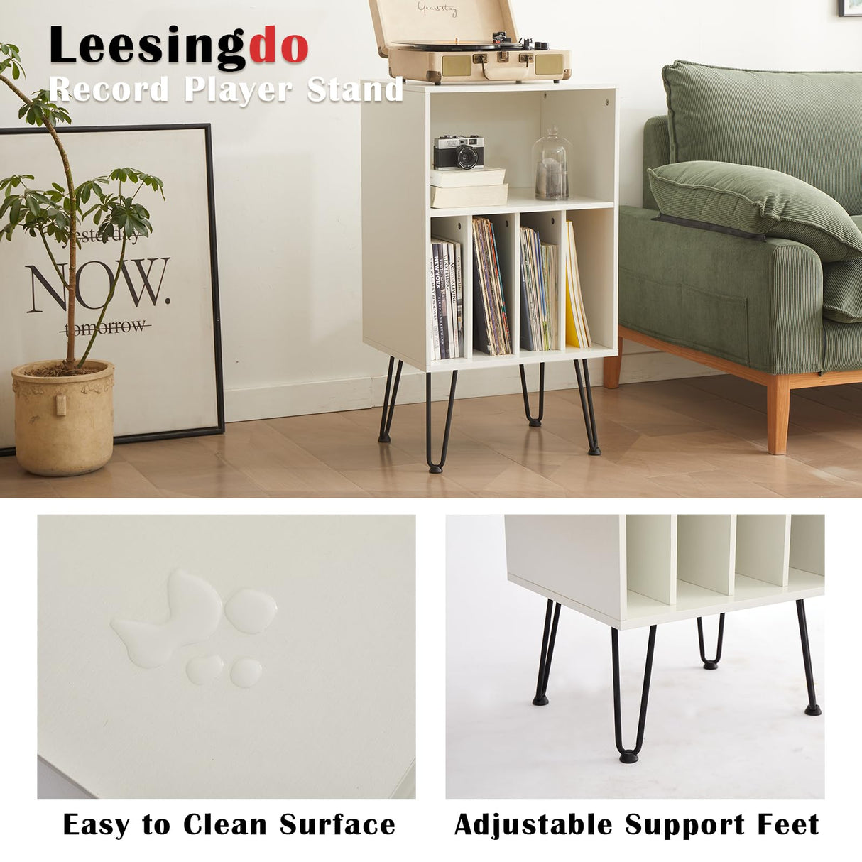 Leesingdo Record Player Stand with Vinyl Storage, Cabinet Holds Up to 150 Albums, End Table for Turntable, Living Room, White Leesingdo