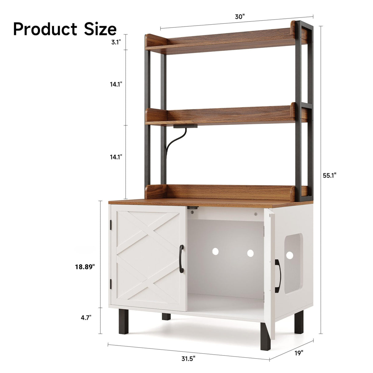 ONBRILL 55 Inches Cat Litter Box Enclosure, Hidden Litter Box Furniture with 2 Storage Shelves and Charging Sockets, Wooden Cat House, Large Indoor Cabinet for Livingroom & Entryway, White ONBRILL