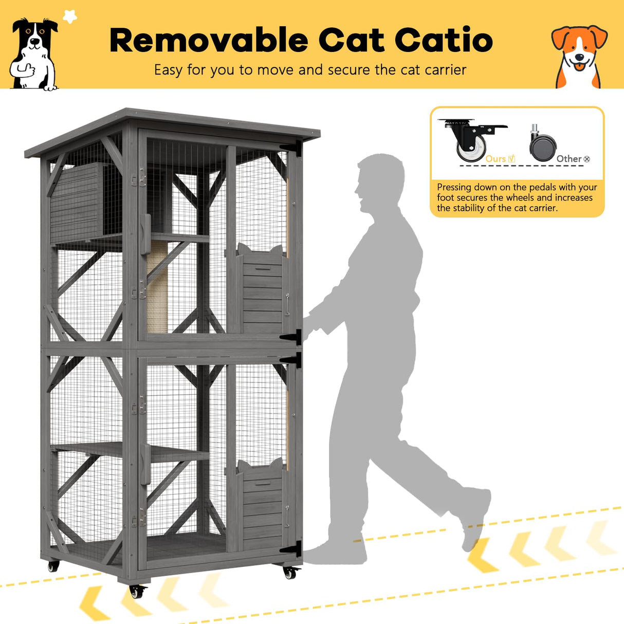 OFIKA Cat House Catio Outdoor Enclosure with Waterproof Roof,71'' cat House & Condos on Wheels for Outdoor Patio,Cat Window Box,Scratching Post（Grey） OFIKA