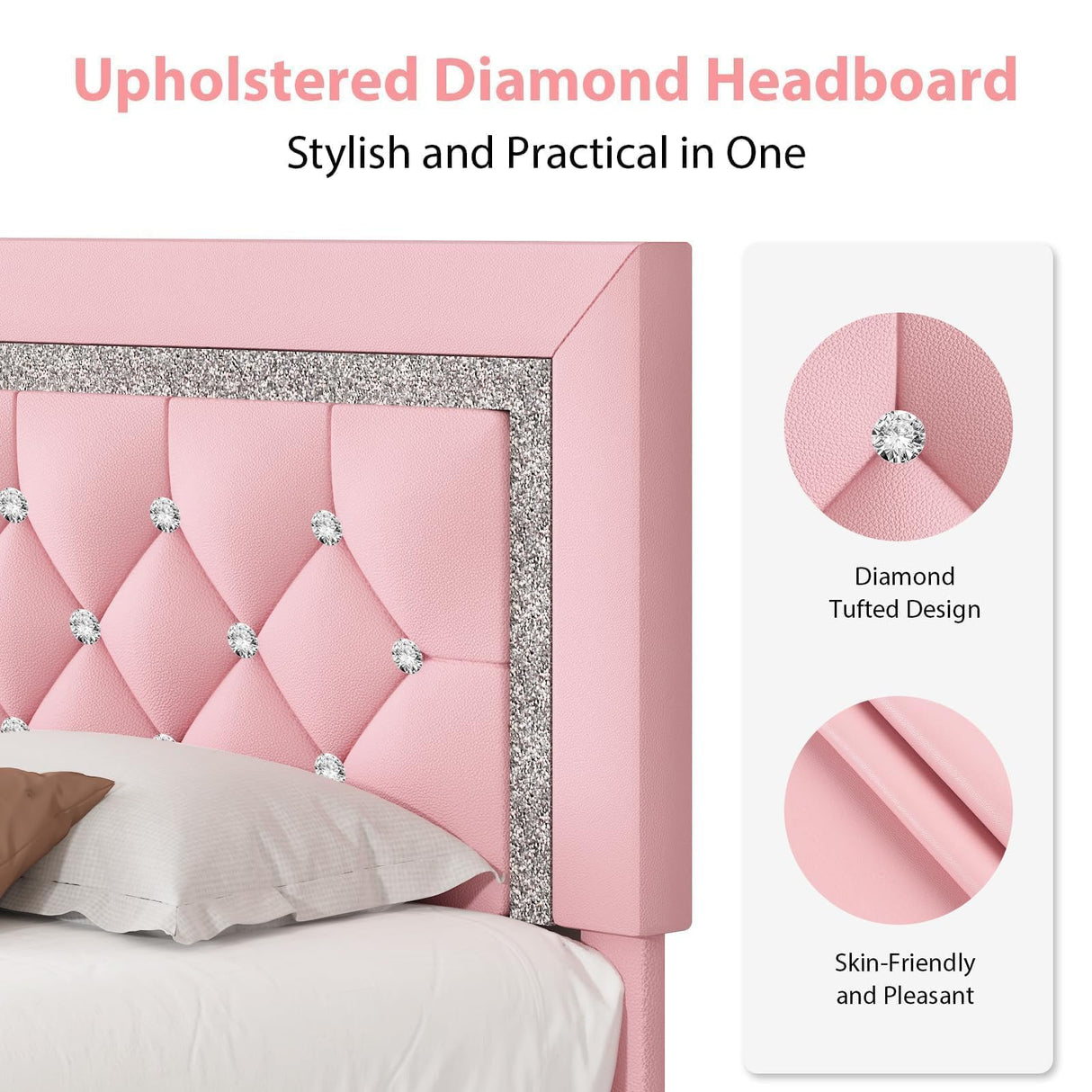 BarnFurin Twin Bed Frame with Tufted Button Headboard, Upholstered Platform Bed Frame with Diamond Design, Wood Slat Support, No Box Spring Needed, Easy Assembly, Pink BarnFurin