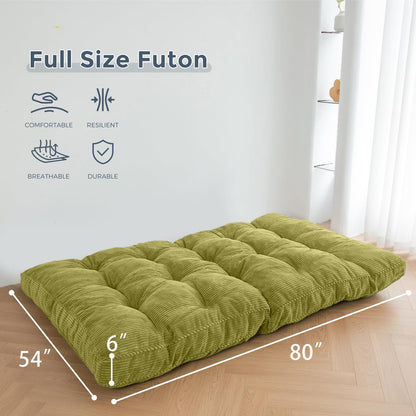 MAXYOYO 6" Futon Mattress Full Size, Tufted Futons Sofa Couch Bed with Twisted Rope Design Edging, Thick Corded Fabric Floor Mattress for Adults, Shredded Foam Filling (Frame Not Included), Green