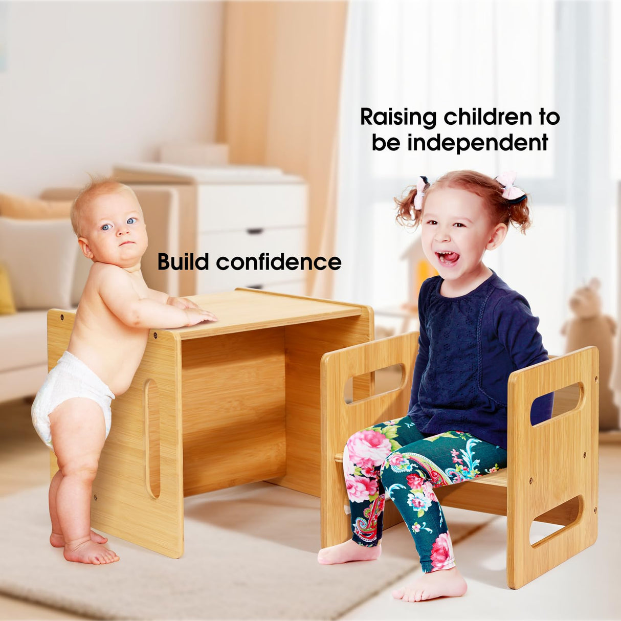 Kids Table and Chair Set, Montessori Weaning Table and Chair,Natural Bamboo Small Desk Chair,Toddler Activity Table and Chair Set for 1-3 Year Old Kids Dinner,Reading,Playing Toys, CPC Certified Ollieroo