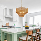 YOMECOO 19.7" Hand-Woven Rattan 6-Light Farmhouse Boho Bamboo Chandelier Light Fixture Retro Drum Wicker Golden Chandelier for Dining Room, Kitchen, E12 YOMECOO