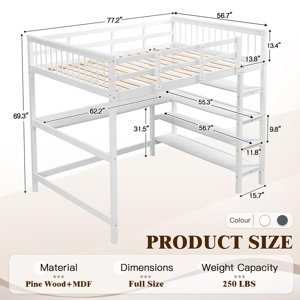 KINFFICT Loft Bed Full Size with Desk and Shelves, Heavy Duty Full Loft Bed Frame with Bookcase Storage, Solid Wood Lofted Bed Frame, Space-Saving, Noise Free, No Box Spring Needed KINFFICT