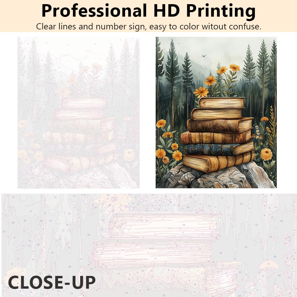 TUMOVO Paint by Numbers Kit for Adults - Forest Landscape Adults' Paint-by-Number Kits on Canvas Without Frame, Books with Flowers DIY Acrylic Painting for Home Wall Decor (16x20 Inch) TUMOVO