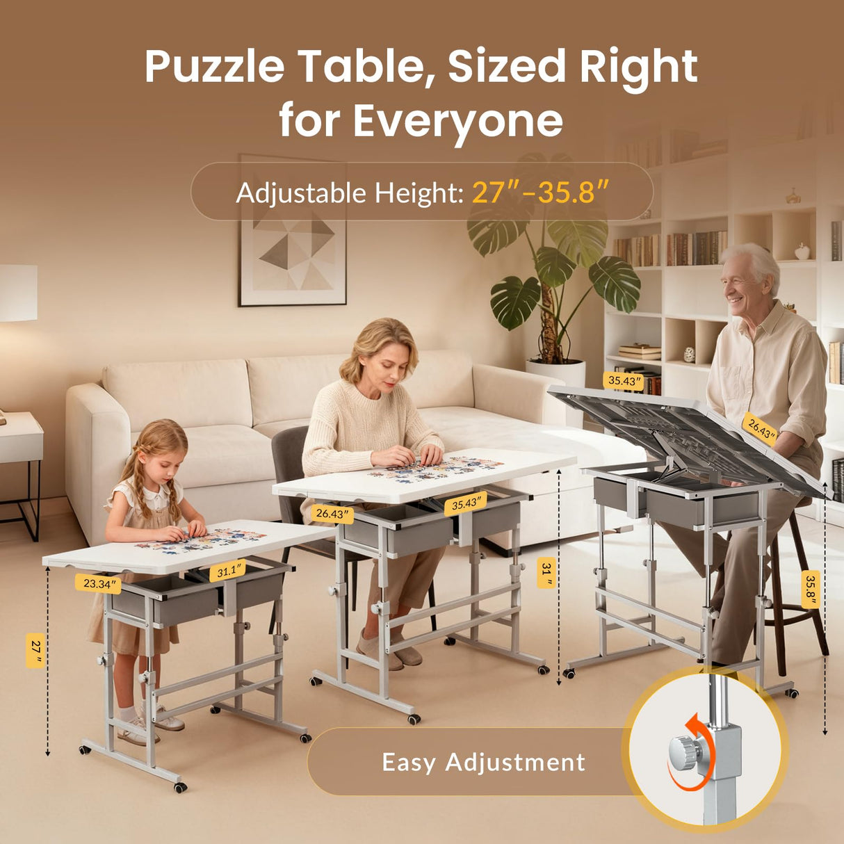 ALL4JIG 1000 Piece Light-Weight Adjustable Jigsaw Plastic Puzzle Table for Adults, 30"x22" Multi-Functional Puzzle Board with 4 Drawers & Protective Cover, 45-Degree Any-Angle Tilt for Leisure ALL4JIG