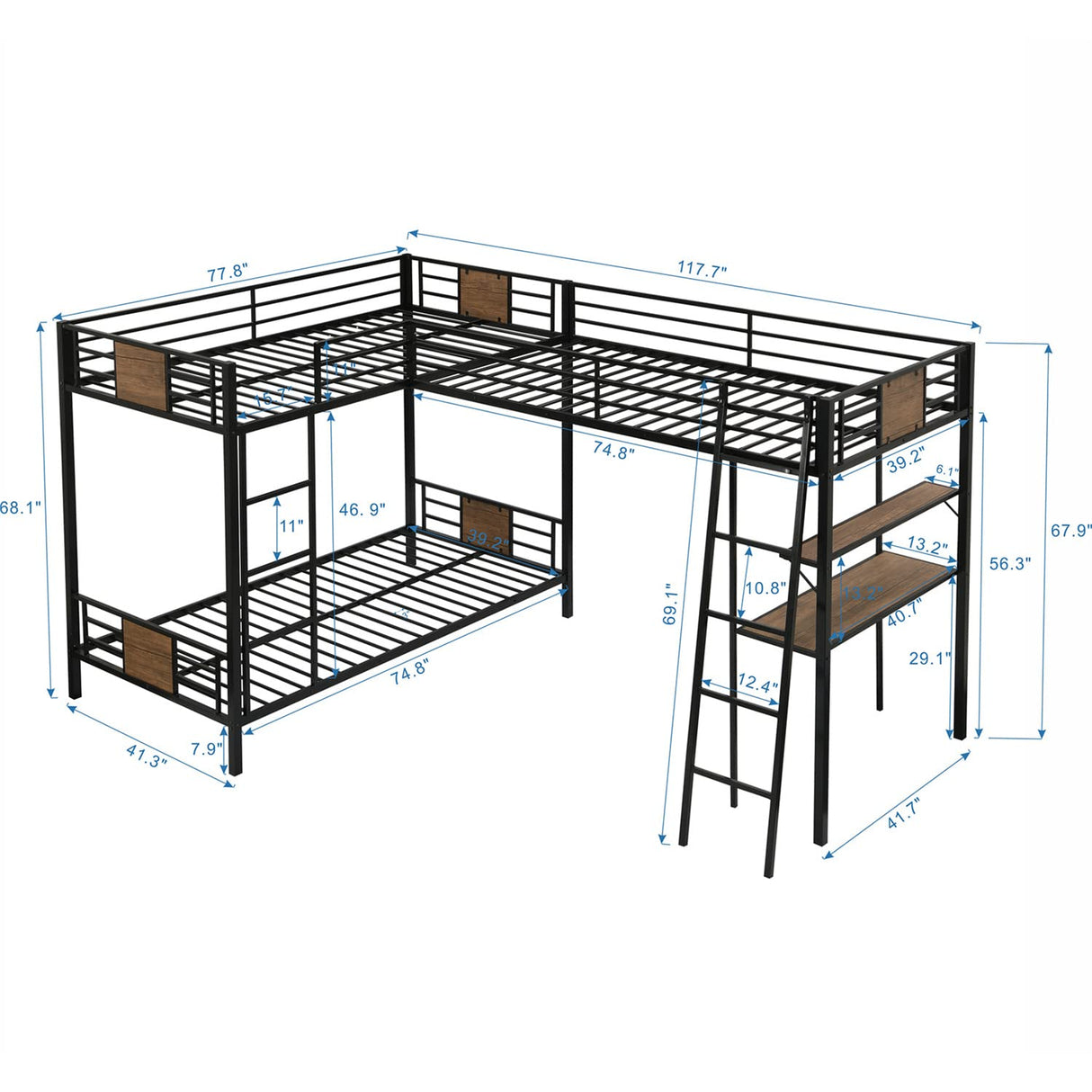 Metal Triple Bunk Bed for Kids Twin Over Twin L-Shape Bunk Bed Attached a Loft Bed with Desk & Shelves 3 Bunked Beds for for Dorm, Boys Girls Teens Kids, Brown Bellemave