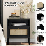 Angel Sar Rattan Night Stand Set 2, Boho Black Nightstands Set of 2, Bedside Table, End Table with Open Storage Space & Metal Legs, Bedroom Night Stand Wood Nightstand Angel Sar