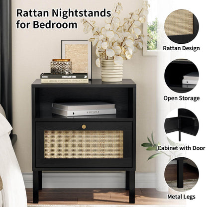 Angel Sar Rattan Night Stand Set 2, Boho Black Nightstands Set of 2, Bedside Table, End Table with Open Storage Space & Metal Legs, Bedroom Night Stand Wood Nightstand - WoodArtSupply