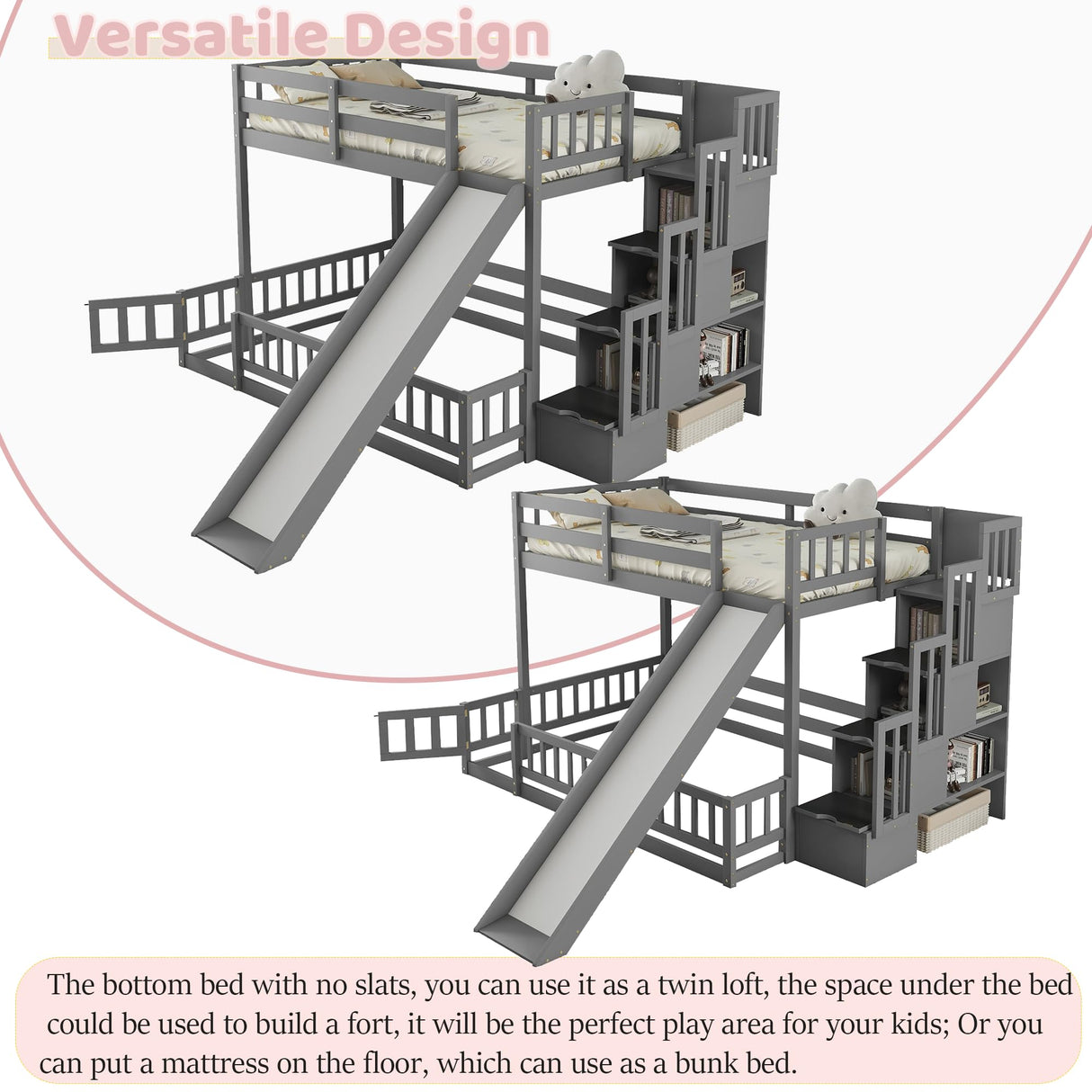 Duxelifin Twin Over Full Bunk Beds with Slide and Stairs, Low Bunk Bed Frame with Rails, Convertible Wood Bunk Bed with Storage Staircase for Kids Boys Girls, Gray Duxelifin