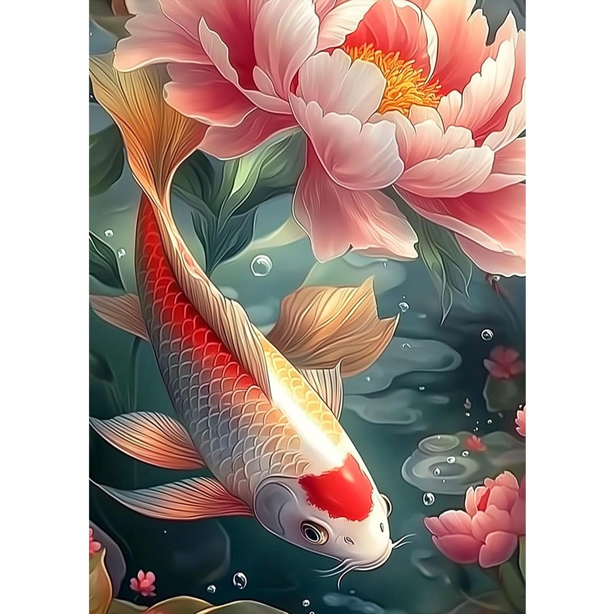 MXJSUA Koi Fish DIY Diamond Painting by Number Kits for Adults, Peony Flower 5D Round Drill Diamond Gem Art Painting Picture Arts Kits Craft for Home Wall Decor 12x16 Inch MXJSUA