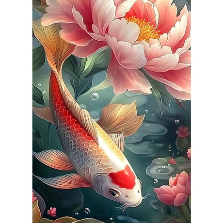 MXJSUA Koi Fish DIY Diamond Painting by Number Kits for Adults, Peony Flower 5D Round Drill Diamond Gem Art Painting Picture Arts Kits Craft for Home Wall Decor 12x16 Inch MXJSUA