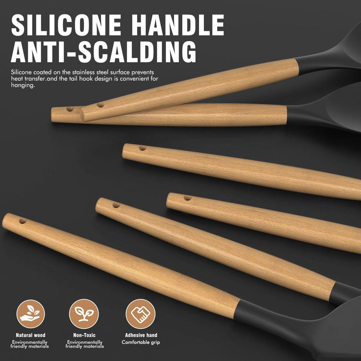 Silicone Cooking Utensils Set Utensil Sets - 446°F Heat Resistant Silicone Kitchen Utensils Set Wooden Handles, Silicone Utensils for Cooking w Holder for Non-Stick Cookware BPA FREE (Black) oannao