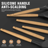 Silicone Cooking Utensils Set Utensil Sets - 446°F Heat Resistant Silicone Kitchen Utensils Set Wooden Handles, Silicone Utensils for Cooking w Holder for Non-Stick Cookware BPA FREE (Black) oannao