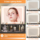 Small Vanity Desk, Vanity Desk with Mirror and Lights, Makeup Vanity Desk with Power Strip, Vanity Table with Drawers and Shelves, Adjustable Lighting, Dressing Table for Bedroom Dressing Room, Black Cyclysio